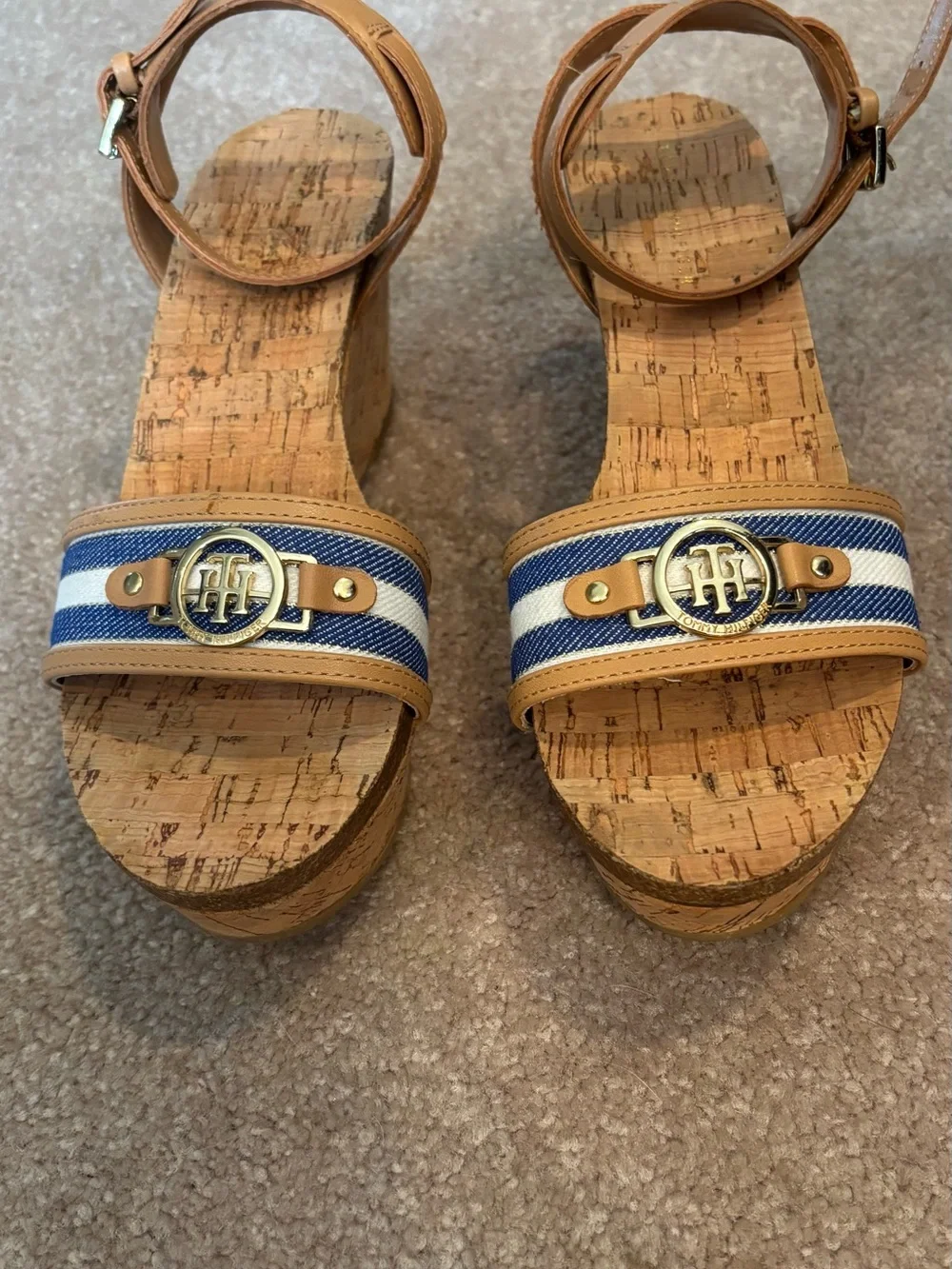 Tommy Hilfiger Tan Wedge Sandals with Navy & White Striped Straps